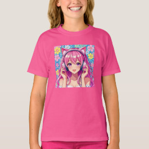 Cute Pink Anime Girl with Headphones T-Shirt