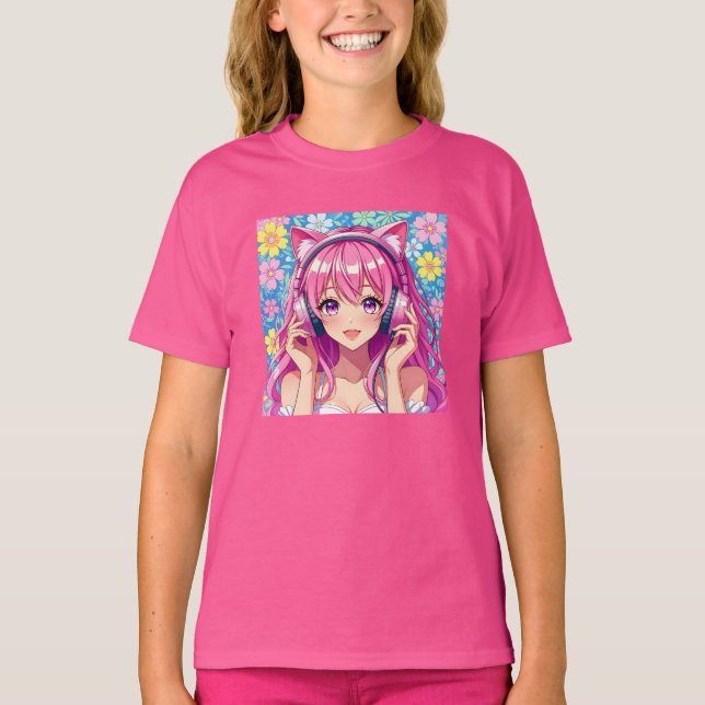 Cute Pink Anime Girl with Headphones   T-Shirt (Front)