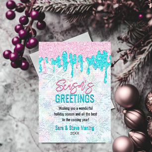 Cute Pink Aqua Iridescent Glitter Christmas Holida Holiday Card