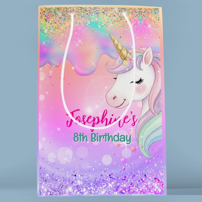 Cute pink aqua unicorn birthday  medium gift bag (Creator Uploaded)