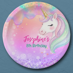 Cute pink aqua unicorn birthday  paper plate