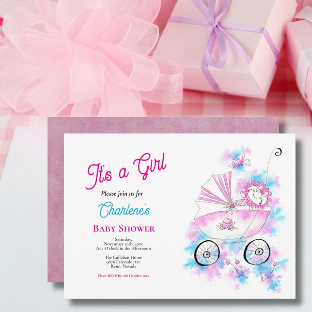 Cute Pink & Aqua Watercolor Baby Girl In Stroller Invitation (Creator Uploaded)