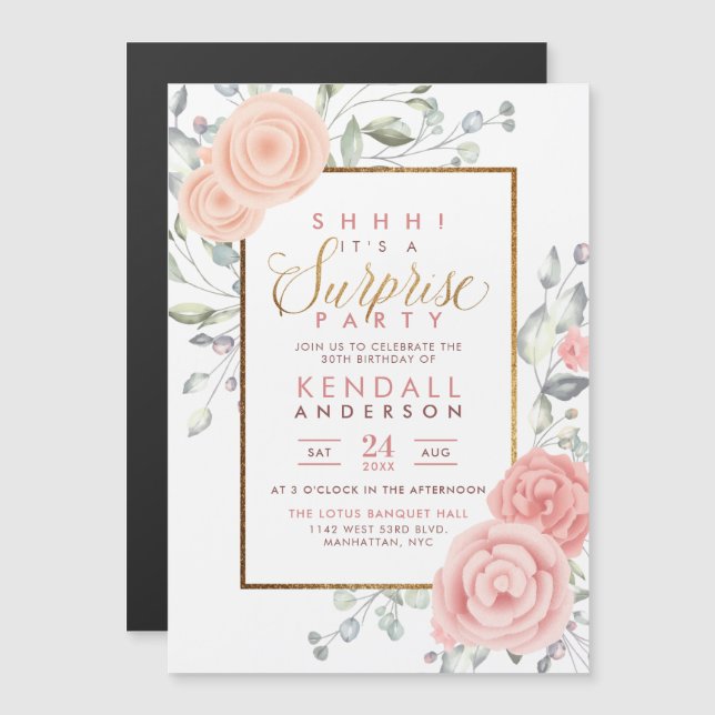 Cute Pink Aquarelle Flowers Floral Surprise Party Magnetic Invitation (Front/Back)