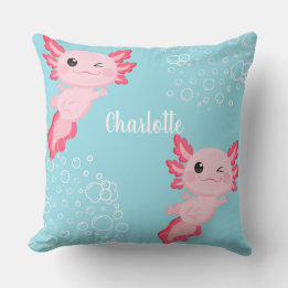 Cute Pink Axolotl Aqua Blue Underwater Kids Cushion