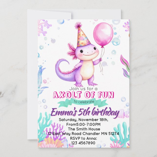 Cute Pink Axolotl Birthday Invitation (Front)
