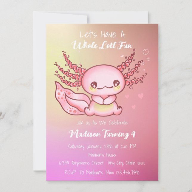 Cute Pink Axolotl Birthday  Invitation (Front)
