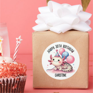 Cute pink axolotl Birthday Party favours Classic Round Sticker