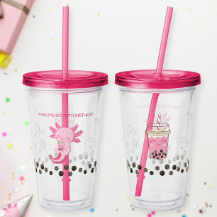 Cute Pink Axolotl Boba Tea Acrylic Tumbler