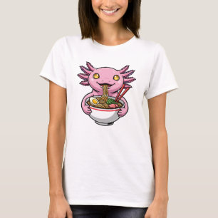 Cute Pink Axolotl Eating Ramen Noodles Cartoon T-Shirt
