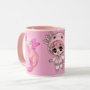 Cute Pink Axolotl Kawaii Chibi Girl Coffee Mug