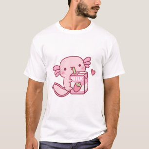 Cute Pink Axolotl Loves Strawberry Milk T-Shirt