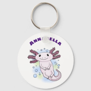 Cute pink axolotl on blue bubbles pet cartoon key ring
