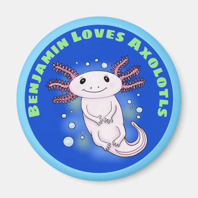 Cute pink axolotl with blue bubbles pet cartoon magnet (Front)