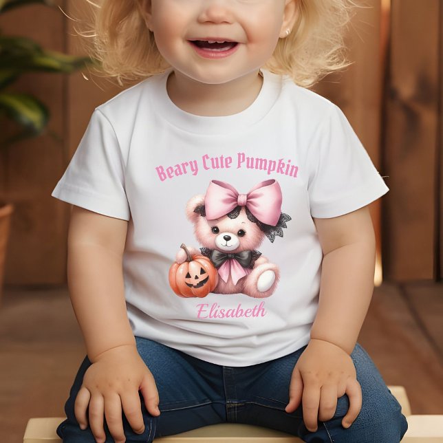 Cute Pink Baby Bear with Pumpkin Baby T-Shirt (Creator Uploaded)