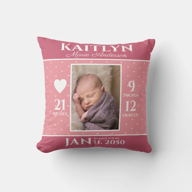 Cute Pink Baby Birth Stats Keepsake Nursery Cushion (Front)