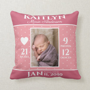 Cute Pink Baby Birth Stats Keepsake Nursery Cushion