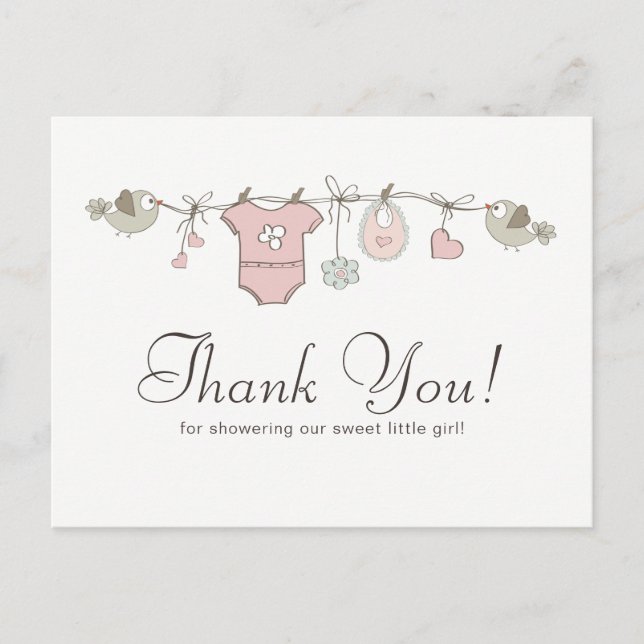Cute Pink Baby Clothesline | Baby Shower Thank You Postcard (Front)
