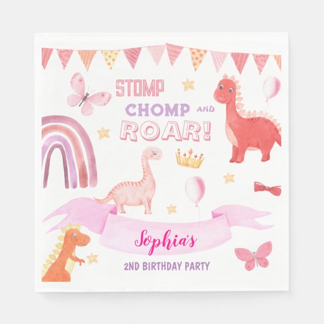 Cute Pink Baby Dinasaur Kids Birthday Party Napkin (Front)