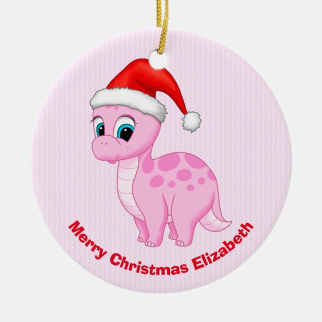 Cute Pink Baby Dinosaur with Santa Hat Ceramic Tree Decoration (Front)