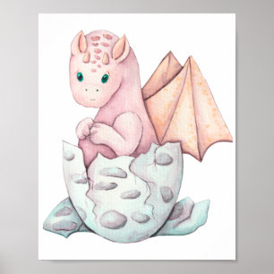 Cute Pink Baby Dragon Hatching Art  Poster