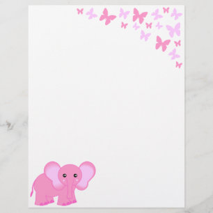 Cute Pink Baby Elephant And Butterflies Letterhead