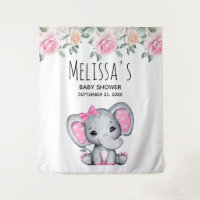 Cute Pink Baby Elephant and Roses Baby Shower