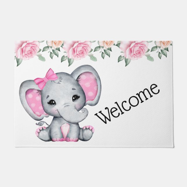 Cute Pink Baby Elephant and Roses Border Doormat (Front)