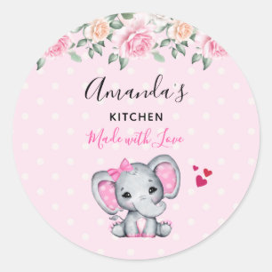 Cute Pink Baby Elephant and Roses Border Kitchen Classic Round Sticker