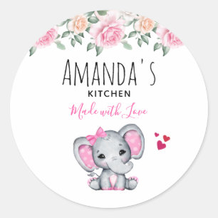 Cute Pink Baby Elephant and Roses Border Kitchen Classic Round Sticker