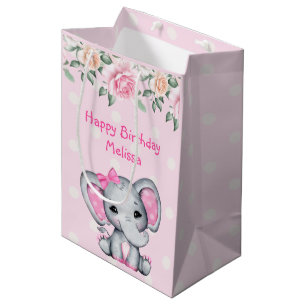 Cute Pink Baby Elephant and Roses Border Medium Gift Bag