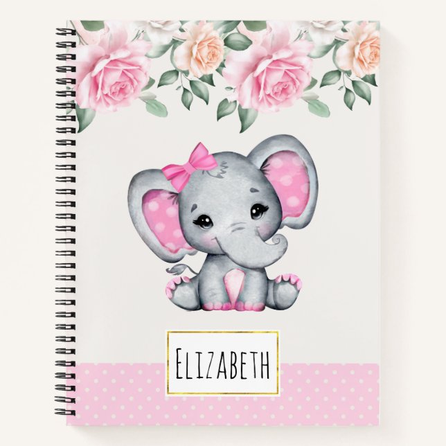 Cute Pink Baby Elephant and Roses Border Notebook (Front)