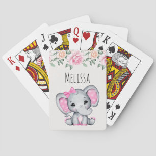 Cute Pink Baby Elephant and Roses Border Playing Cards