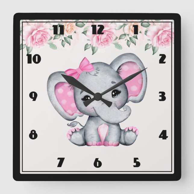 Cute Pink Baby Elephant and Roses Border Square Wall Clock (Front)