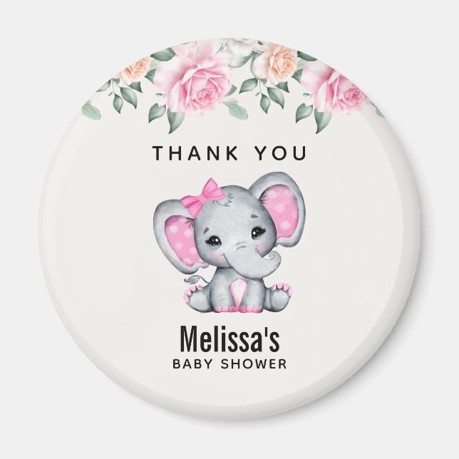 Cute Pink Baby Elephant and Roses Border Thank You Magnet (Front)