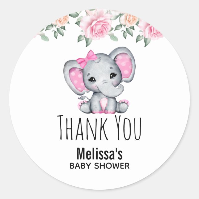 Cute Pink Baby Elephant Baby Shower Thank You Classic Round Sticker (Front)