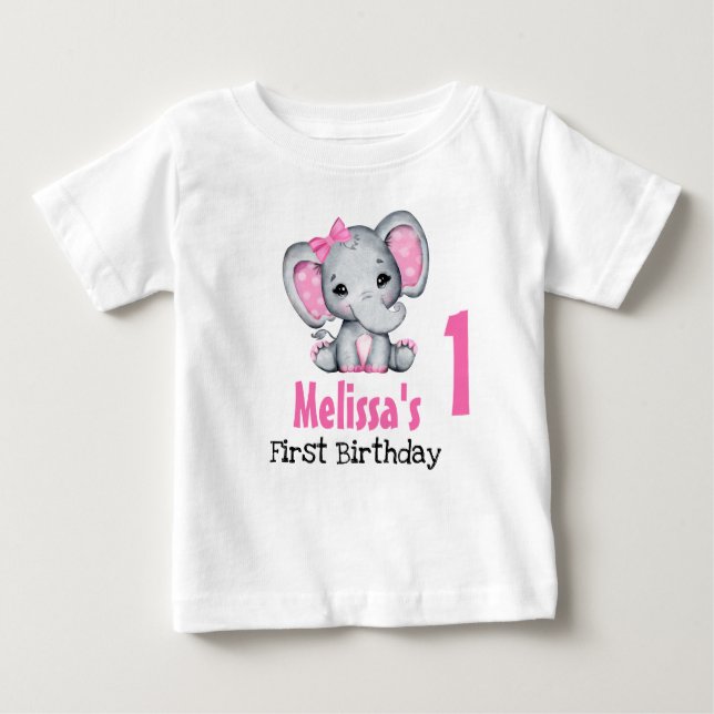 Cute Pink Baby Elephant First Birthday Baby T-Shirt (Front)