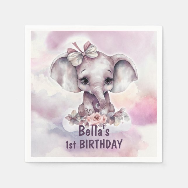 Cute Pink Baby Elephant Girl 1st Birthday Party Napkin (Front)