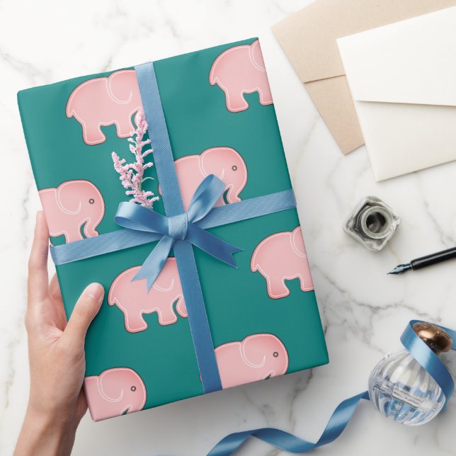 Cute Pink  Baby Elephant Pattern Green Wrapping Paper (Gifting)