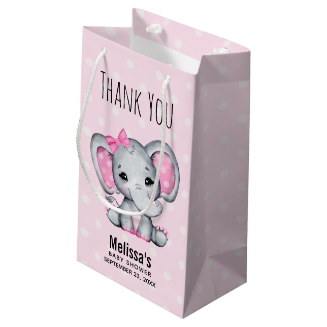 Cute Pink Baby Elephant with Polka Dot Baby Shower Small Gift Bag (Back Angled)