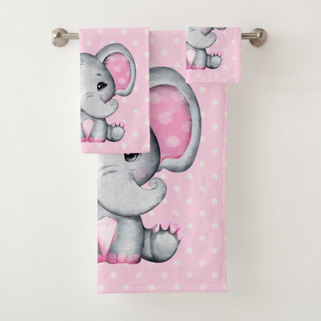 Cute Pink Baby Elephant with Polka Dot Ears Bath Towel Set (Insitu)