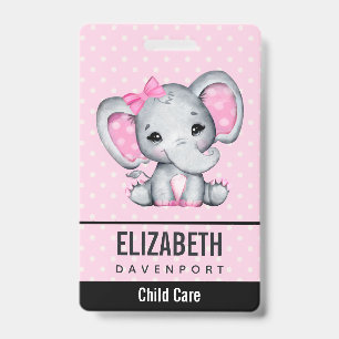 Cute Pink Baby Elephant with Polka Dot Ears ID Badge