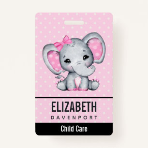 Cute Pink Baby Elephant with Polka Dot Ears ID Badge