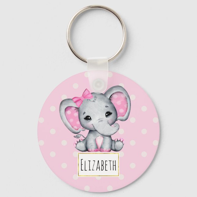 Cute Pink Baby Elephant with Polka Dot Ears Key Ring (Front)