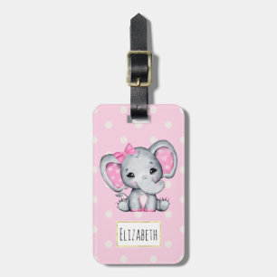 Cute Pink Baby Elephant with Polka Dot Ears Luggage Tag