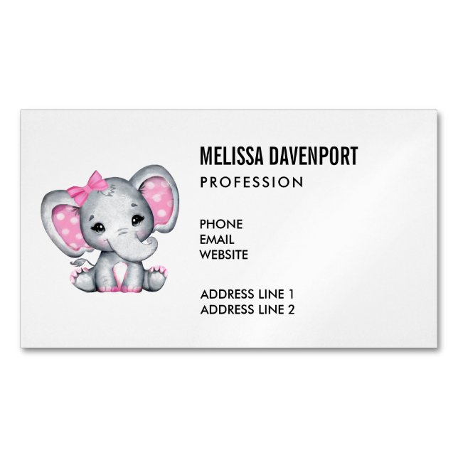 Cute Pink Baby Elephant with Polka Dot Ears Magnetic Business Card (Front)