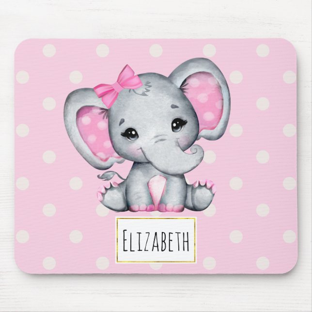 Cute Pink Baby Elephant with Polka Dot Ears Mouse Pad (Front)