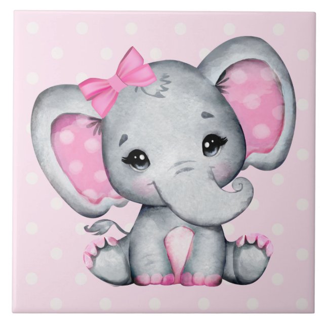 Cute Pink Baby Elephant with Polka Dot Ears Tile (Front)