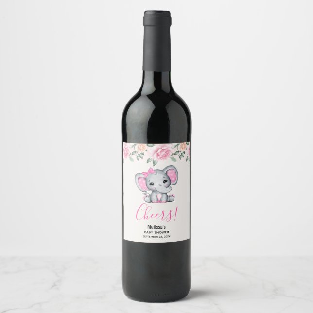 Cute Pink Baby Elephant with Polka Dot Ears Wine Label (Front)