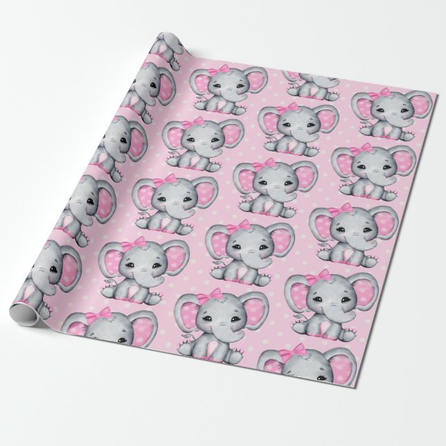 Cute Pink Baby Elephant with Polka Dot Ears Wrapping Paper (Unrolled)