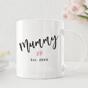 Cute Pink Baby Feet Script Mummy Year Established  Coffee Mug
